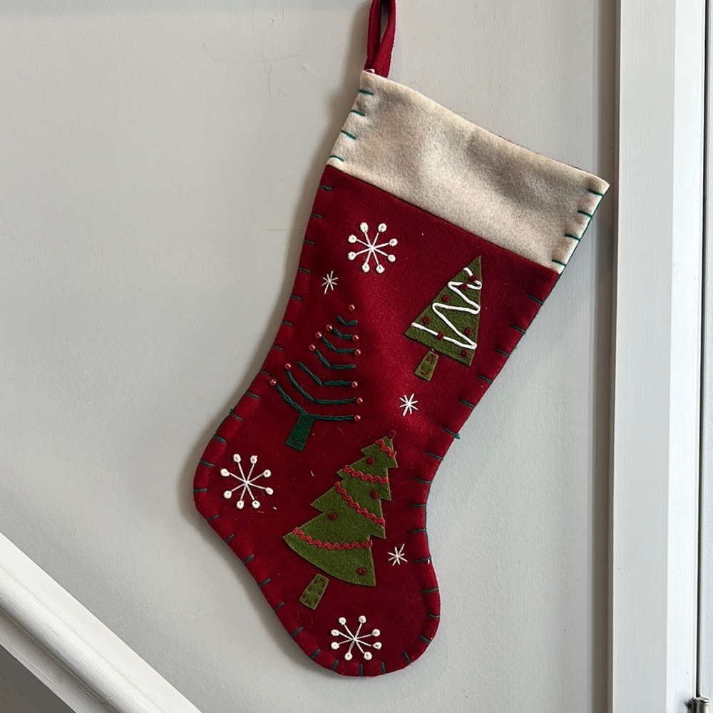 Vintage Festive Red Felt Embroidered Stocking with Green Tree Design